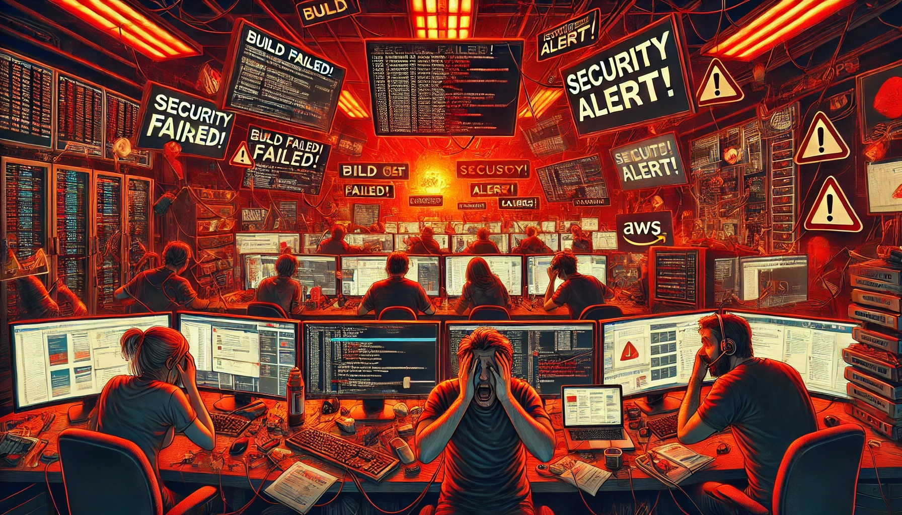 Chaotic DevSecOps environment with multiple alerts and overwhelmed team